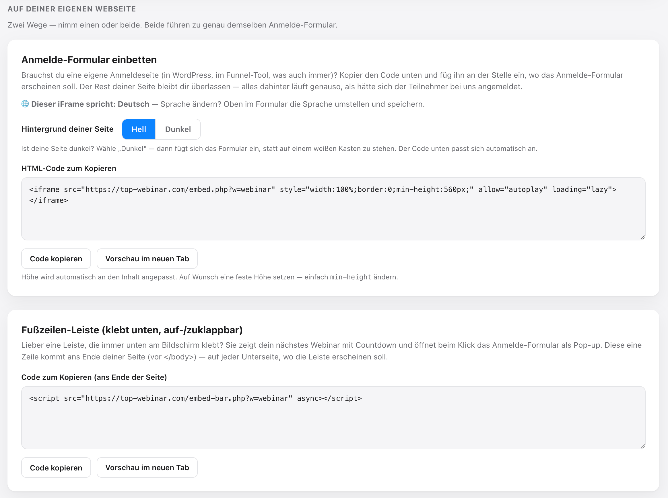 “On your own website” section: sign-up form and footer bar with copy-ready code and light/dark switch